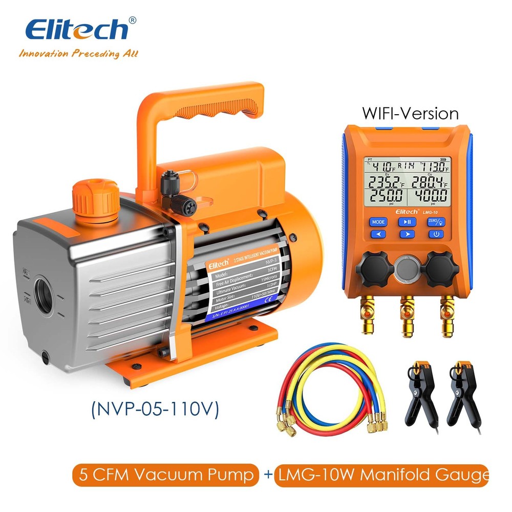 Elitech 2-in1 HVAC Tool Kit with 5CFM Vacuum Pump Digtal Manifold Gauge LMG-10W