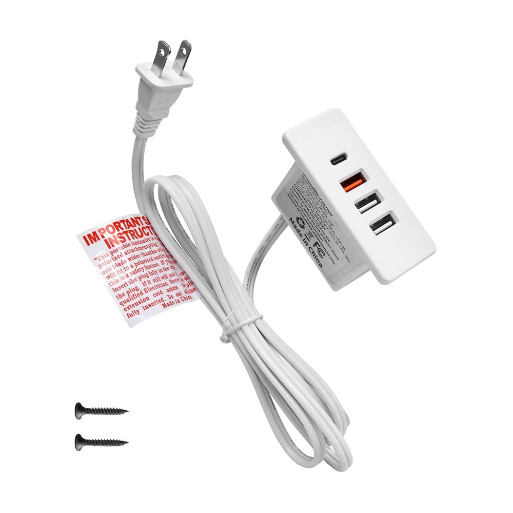 Powered USB C Hub Socket Recessed C Power Strip Outlet with Fast White