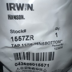 Irwin 1557ZR Hanson® Fractional Tap (HCS) – 11/16″ – 16 NS – Bottom Style