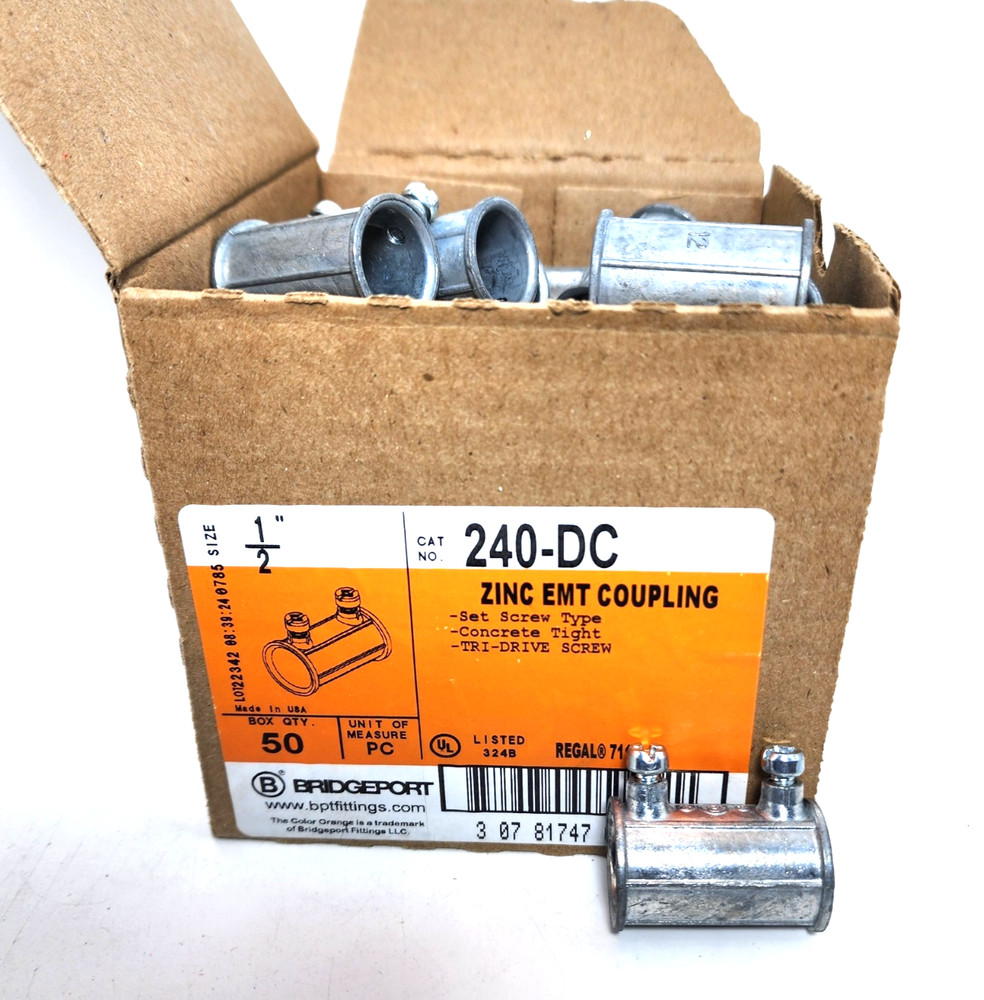50 Count – Bridgeport 240-DC 0.5-Inch Set Screw Zinc EMT Coupling