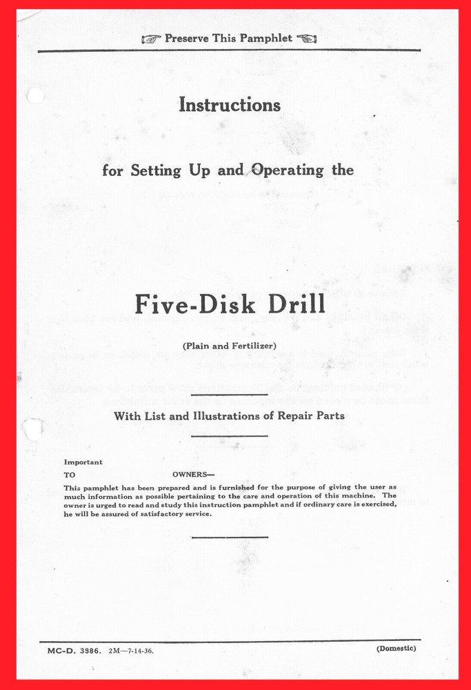 IH McCormick-Deering 5 Disk Drill Walk Behind Horse Drawn Grain Drill Manual IH