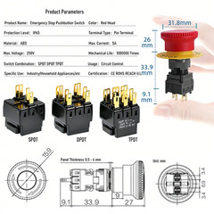 16mm 1NO1NC/2NO2NC/3NO 3NC Plastic Emergency Stop Red Push Button Switch CE,RoHS