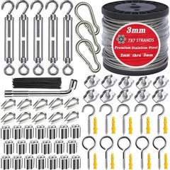1/8″ Wire Rope Kit 100FT | 7×7 Core Vinyl Coated Stainless Steel Cable with T…