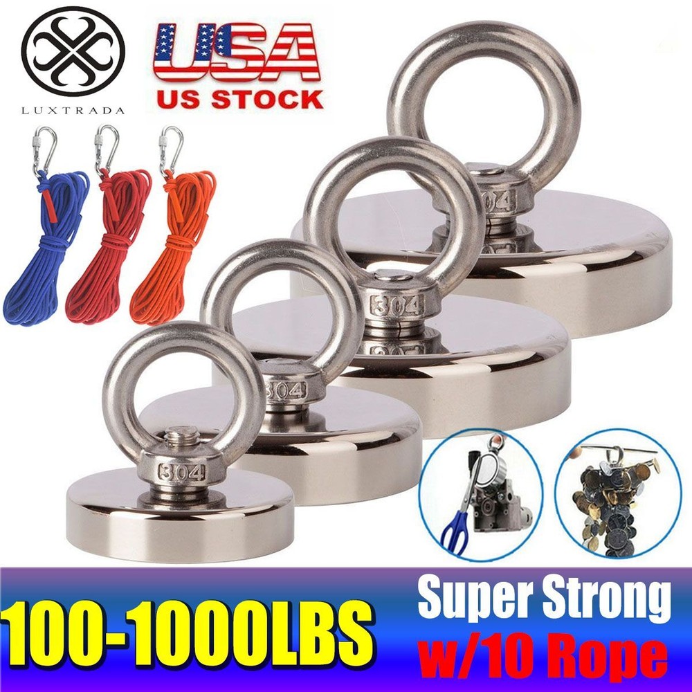 Max 1000LB Fishing Magnet Kit Strong Neodymium Pull Force w/10m Rope & Carabiner