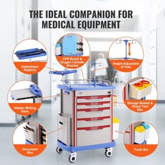 5-Tier Equipment Cart 400lb Load Capacity with Drawers and Refuse Bins Blue