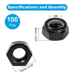100 Pcs M6 x 1.0 mm Nylon Insert Hex Lock Nuts Black Zinc-Plated Self-Locking F