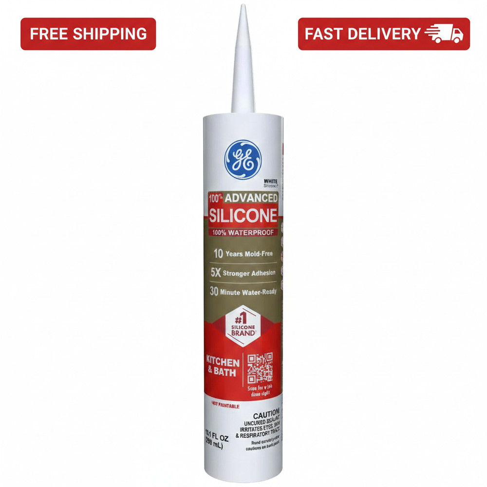 GE Advanced Silicone Caulk for Kitchen & Bathroom, White, 10 fl oz Cartridge, 1
