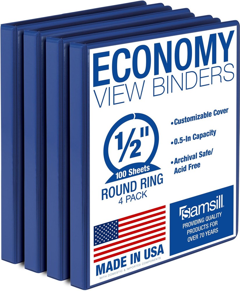 Samsill 0.5 Inch 3 Ring Binder, Economy Round Ring, Clear View 4-Pack, Blue