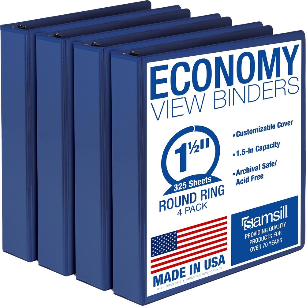 Samsill 1.5 Inch 3 Ring Binders, Economy Round Ring, Clear View 4-Pack, Blue