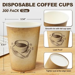 Clawsoff 300-Pack 12oz Disposable Coffee Cups – Retro, Leak-Proof, Hot/Cold