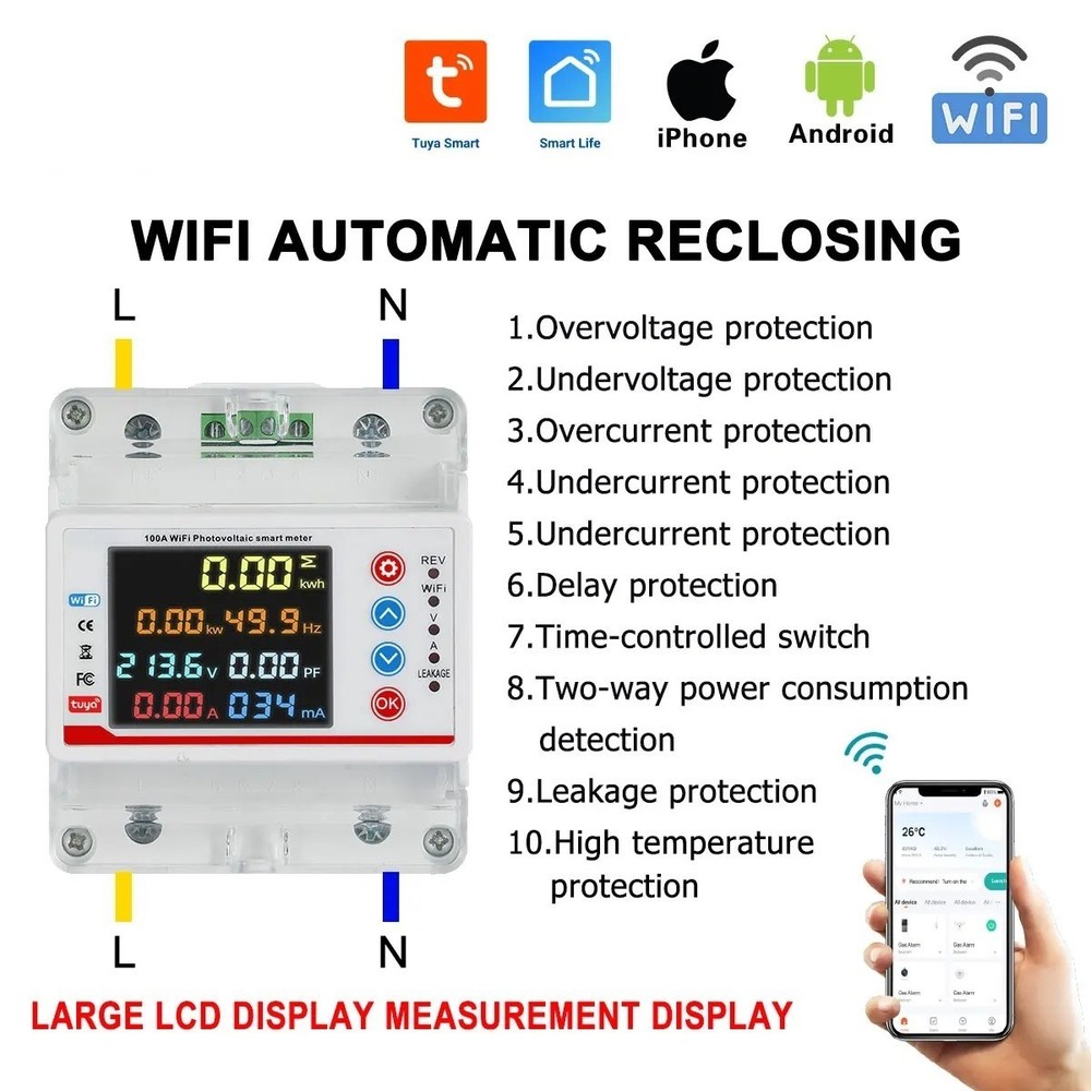 100A Single Phase Tuya WiFi AC Meter Over Under Voltage Leak Protect Prepayment