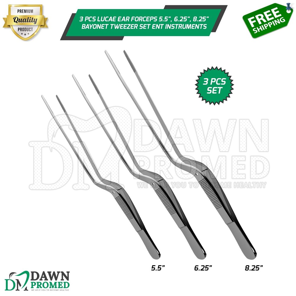 3 Pcs Lucae Ear Forceps 5.5″, 6.25″, 8.25″ Bayonet Tweezer Set ENT Instruments