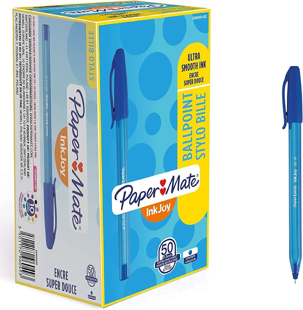Blue Pen x 50 PACK Paper Mate InkJoy Ballpoint Pens Ultra Fine Point (0.5 mm)