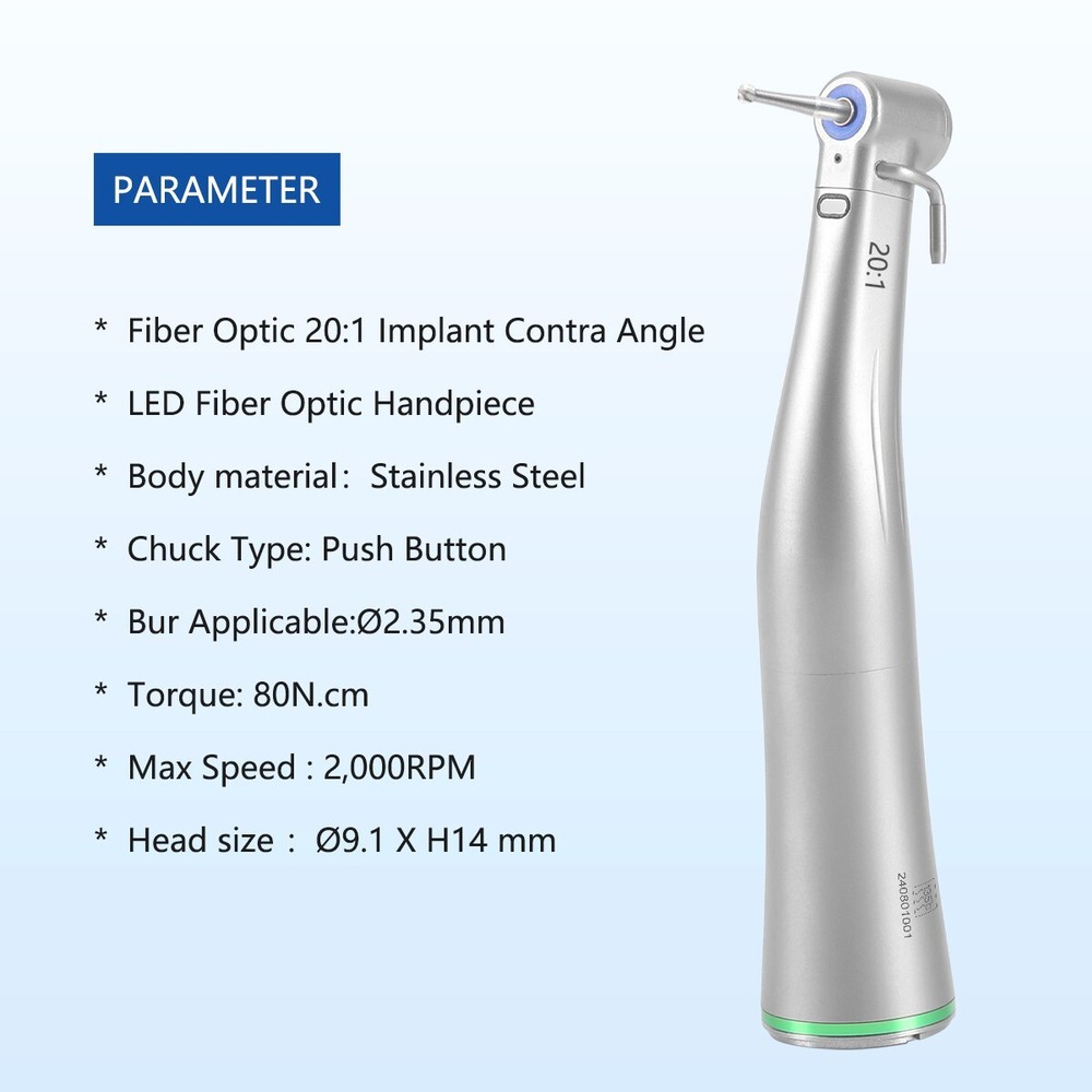 Dental Surgical LED Fiber Optic Implant Handpiece 20:1 Reduction Contra Angle