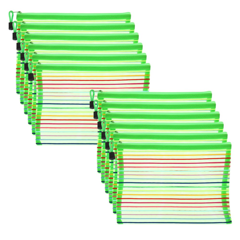12Pcs Mesh Zipper Pouch, A5 Document Makeup Zipper Bag Travel Pouch, Green
