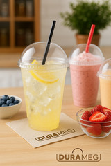 DURAMEG 12oz Clear PET Cups with Dome Lids 100 Pack | Disposable Smoothie Cups