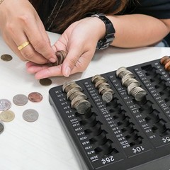 Black Coin Counter Tray with 150 Coin Wrappers – 5 Compartment Sorting Organizer