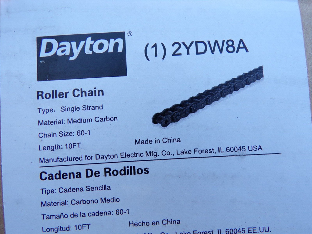 Dayton 2YDW8A Roller Chain 60-1 Single Strand 10’L Medium Carbon; mF