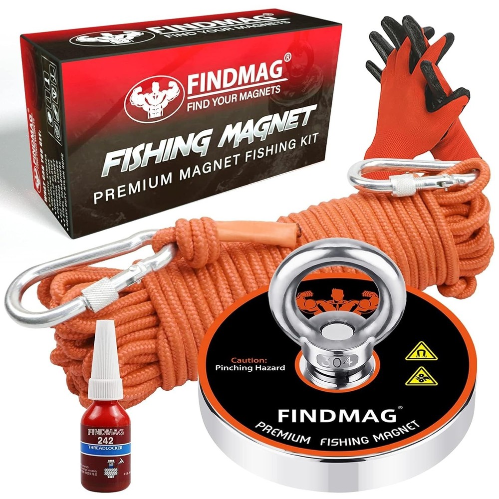 FINDMAG 1000LBS Pulling Force Magnet Fishing Kit with 3.54″ Diameter Magnet