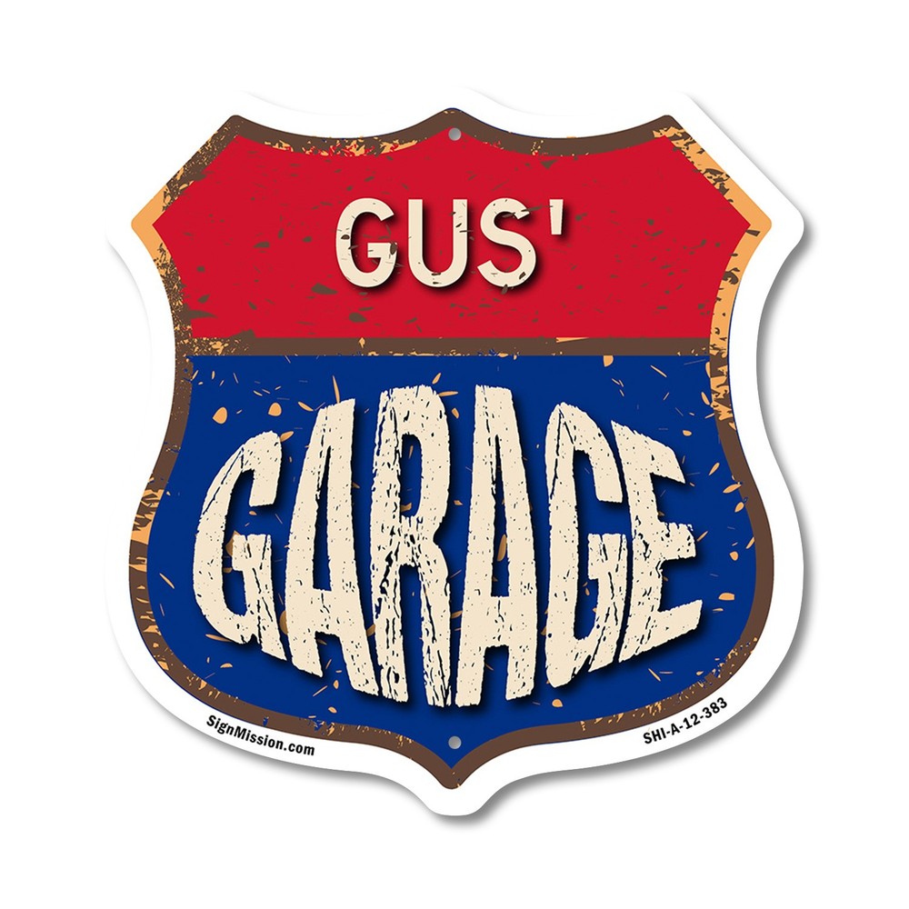 Gus’s Garage Shield Shaped Sign Weather Resistant Crafted in the USA