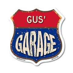 Gus’s Garage Shield Shaped Sign Weather Resistant Crafted in the USA
