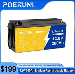 12V 200Ah LiFePO4 Lithium Battery 2560Wh 15000+ Deep Cycle BMS for Solar Marine