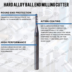 10 PCS 1/16″ 4 Flute 1-1/2″ Overall Ball Nose Carbide End Mill AlTiN Coated