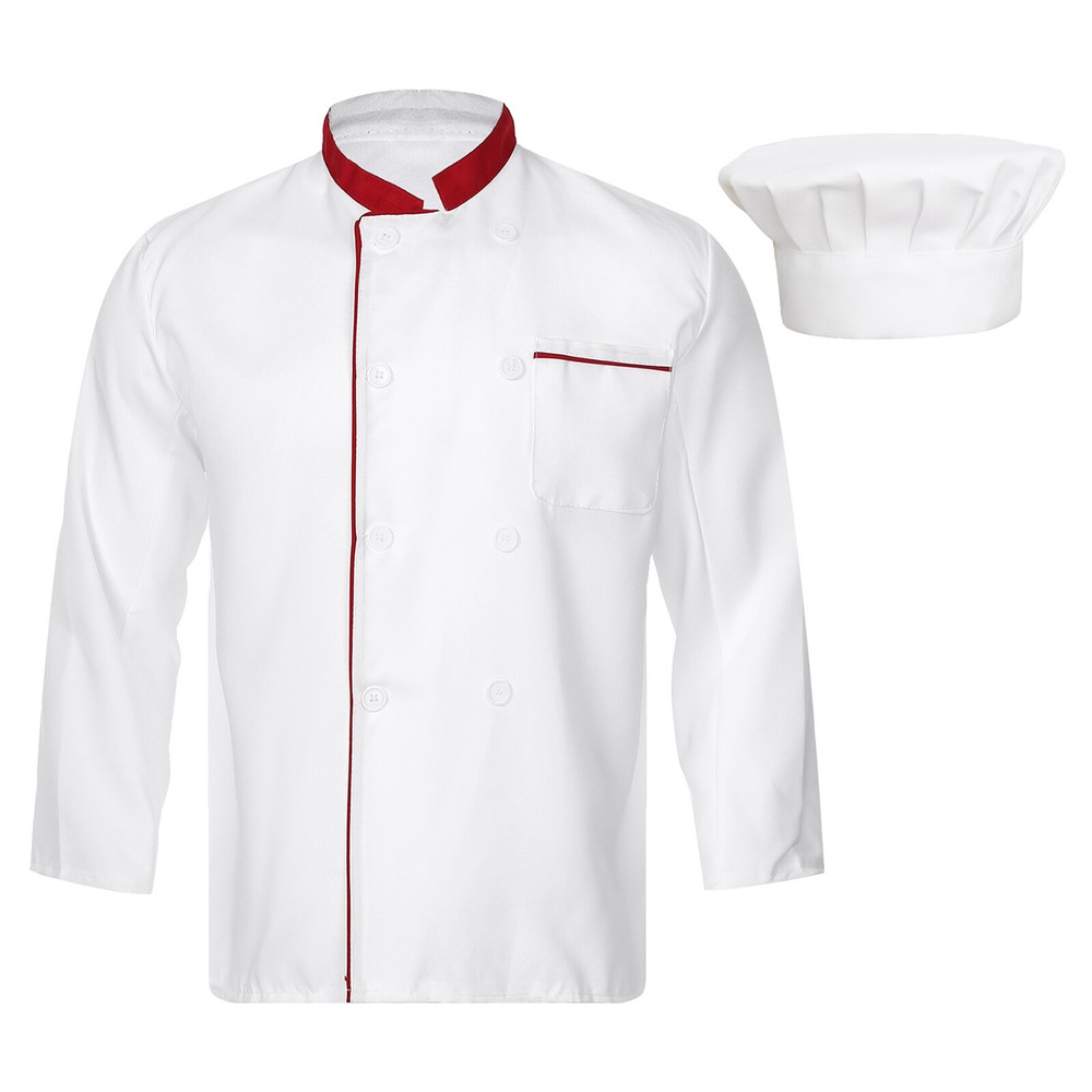Men&Women Long Sleeve Double-Breasted Uniform with Hat Kitchen Chef Jacket
