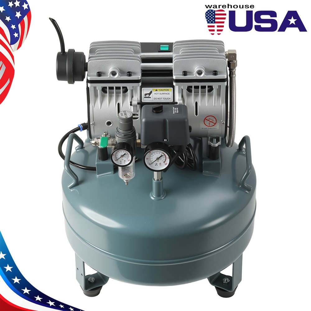 Ultra Quiet 50dB Oil-Free Air Compressor for Dental Use 24L Tank 120V Dual Gauge