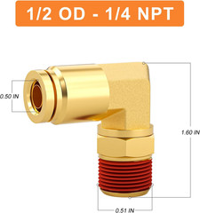 2PCS Brass DOT Push to Connect Fittings, 1/2″ OD X 1/4″ NPT 90 Degree Elbow Unio