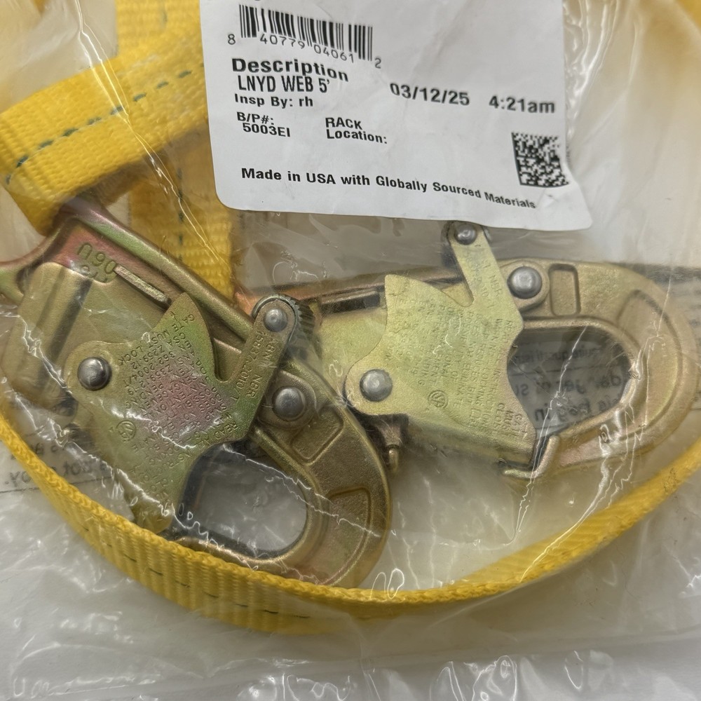 3M DBI-SALA 1231105 5 Ft Web Positioning Restraint Lanyard Snap Hooks New Yellow