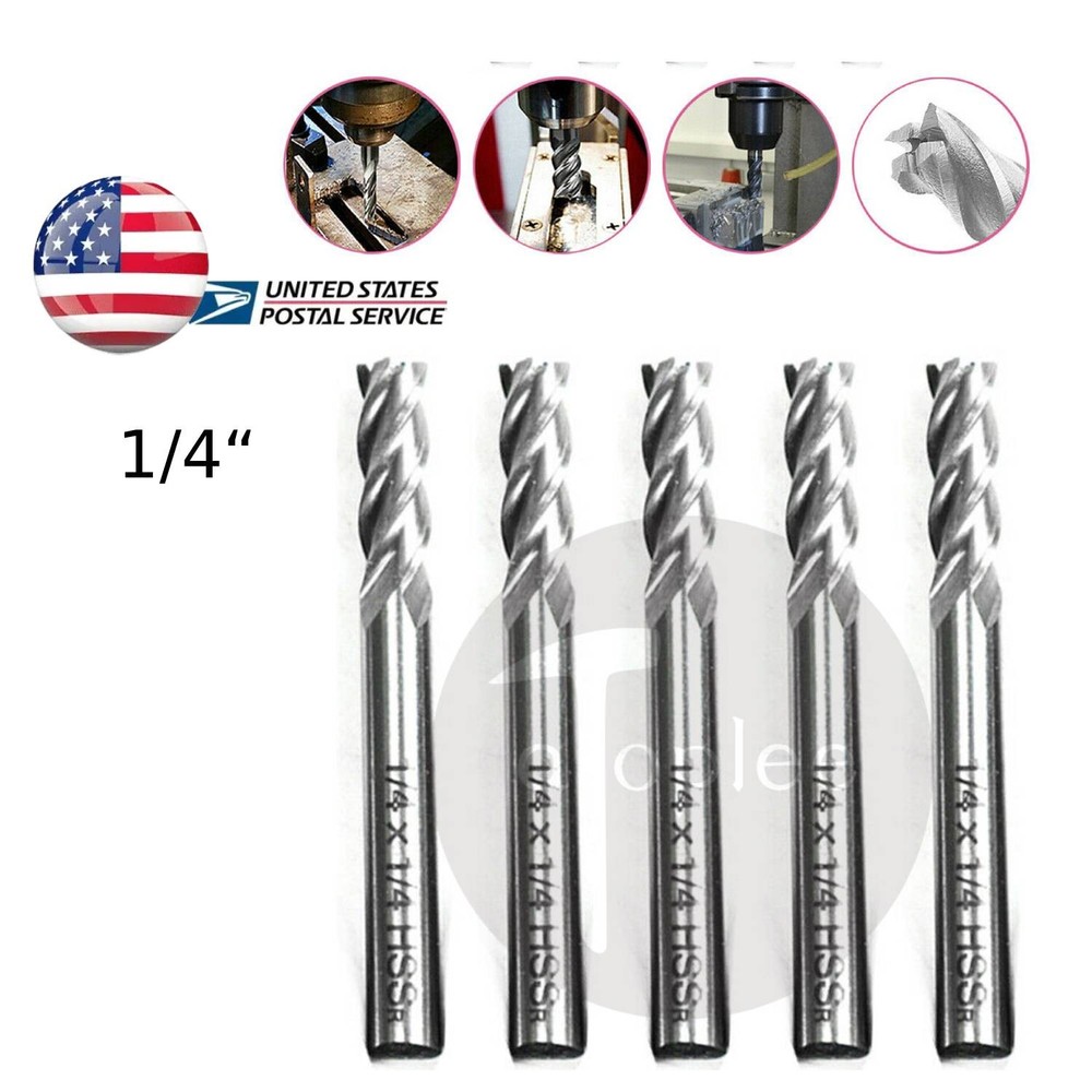 5x 1/4″ 4-Flute HSS Spiral End Mill Cutter, Straight Shank CNC Router Bits for M