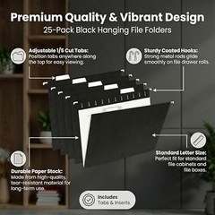 25 Pack Black Hanging File Folders Letter Size 8.5 x 11 in with Tabs and Inserts