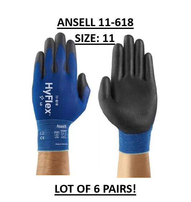 6 Pairs – Ansell HyFlex 11-618 Polyurethane Coated Precision Work Glove Size-11
