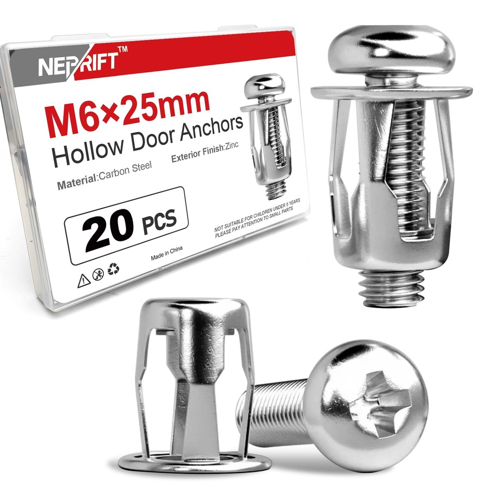 Neprift 20Pcs M6 x 25mm Hollow Door Anchors, Metal Molly Bolts with Screws fo…