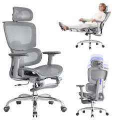 Silla de Oficina Ergonómica con Reposapiés, Cabecero 3D y Soporte Lumbar Gris