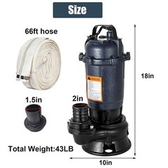 2HP Submersible Sump Pump 1500W Cast Iron Sewage Pump 6498GPH w/66ft HOSE 220V