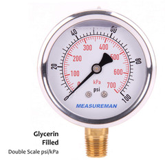 Pressure Gauge 1/4 NPT, 0-100Psi/Kpa Glycerin Filled Pressure Gauge with 2.5 Inc