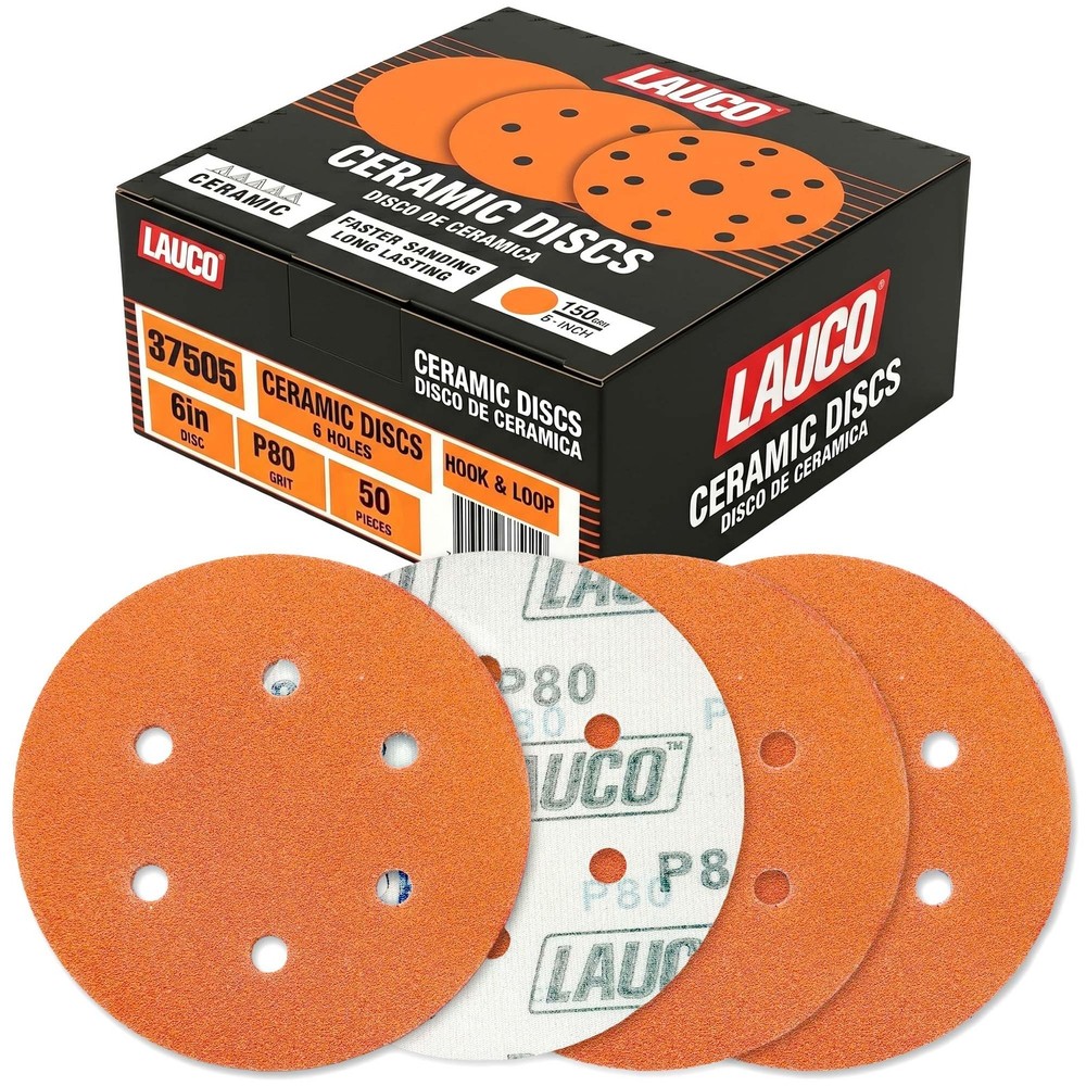 50 PCS 6 Inch 6 Hole Ceramic Sanding Discs P80 Grit, Hook and Loop Orbital