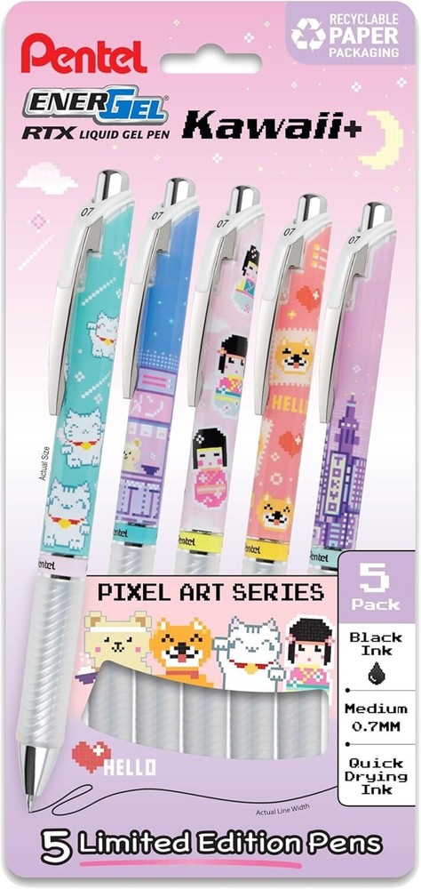Pentel EnerGel, Gel Pen, Kawaii Tokyo Designs, (0.7mm), Black Ink, Pack of 5