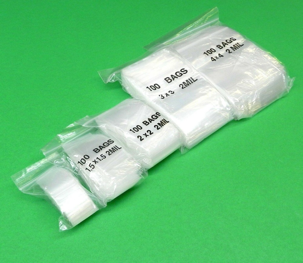 Zip Seal Lock Clear 2mil Assorted Bags 500 Square Sizes 1″ 1-1/2″ 2″ 3″ 4″