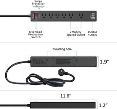 6Ft Power Strip Surge Protector 6 AC Outlets 3 USB Ports Extension Cord Black