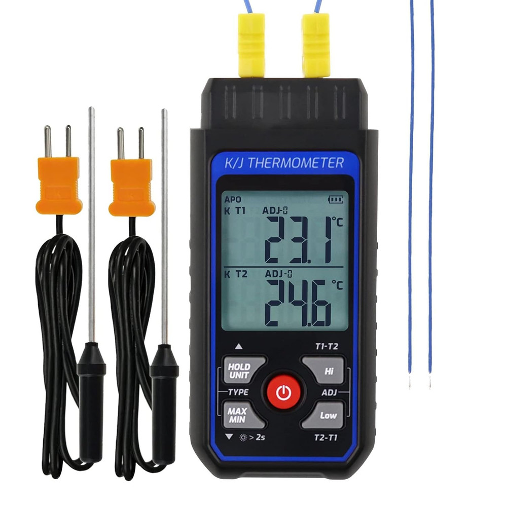 Dual-Channel K/J Thermocouple Thermometer with 4 K-Type Thermocouples -328°F ~ 2