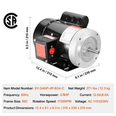 0.75HP Electric Motor 1725 rpm,AC 115V/230V,56C Frame,Air Compressor Motor