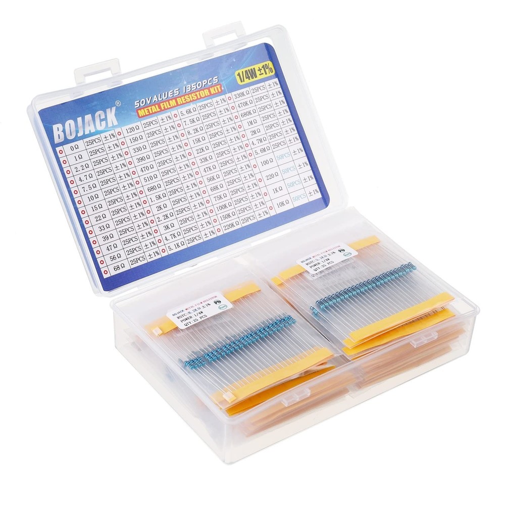 BOJACK 1350 Pcs 50 Values Resistor Kit 0 Ohm-5.6M Ohm with 1% 1/4W Metal Film