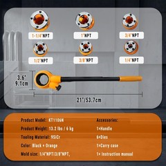 Heavy-Duty Ratchet Pipe Threader Kit with 6 NPT Dies for Metal & PVC Pipes, Port
