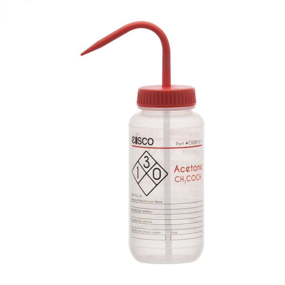 Acetone Wash Bottle, 500ml – Wide Mouth, Pre-Labeled – LDPE – Eisco Labs