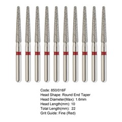 10pc Dental Diamond Bur 850/016F FG Round End Taper Fine Grit Red High Speed Bur