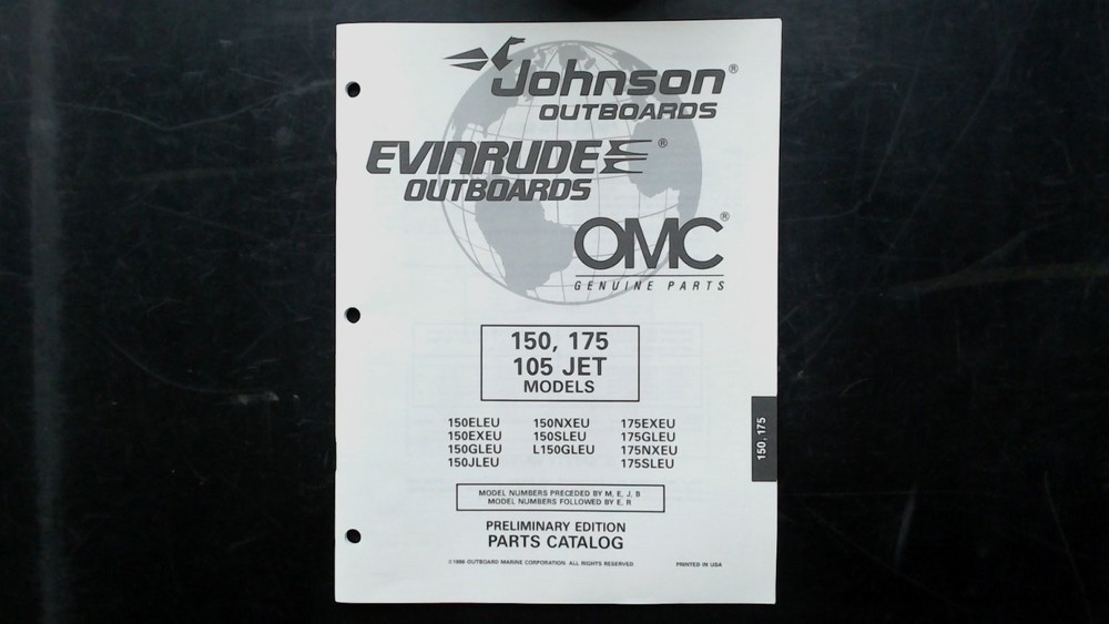 Johnson Evinrude OMC 150 175 105 Jet Parts Catalog 1996 Preliminary