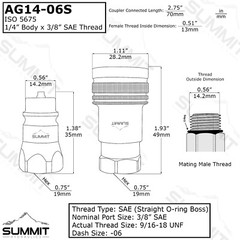 1/4” Ag Hydraulic Quick Connect Male Coupler, 3/8″ SAE (9/16″-18 ORB) Thread